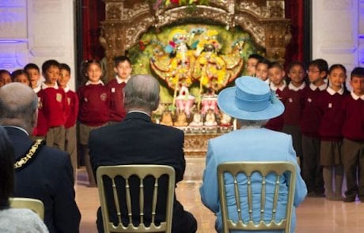 29th March 2012, the Duke of Edinburgh and the Queen visited the Krishna Avanti School during the year of her Diamond Jubilee. ISKCON is the school's faith affiliate and includes the beautiful deities of Krishna-Balaram.